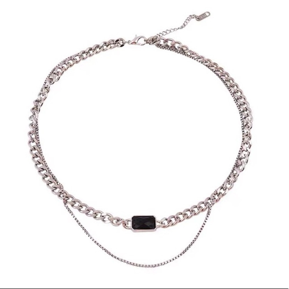 đź’ŽBlack Rectangle Stone Titanium Steel Necklace Chain Double layer thick silver - Picture 7 of 10